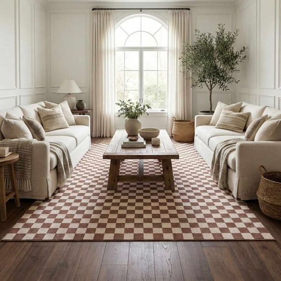 Hauteloom Kaysar Living Room, Bedroom Machine Washable Area Rug - Square Piles, Checkered - White, Medium Brown - 7'10" x 10'