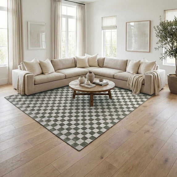 Hauteloom Kaysar Living Room, Bedroom Machine Washable Area Rug - Square Piles, Checkered - White, Moss Green - 5'3" x 7'