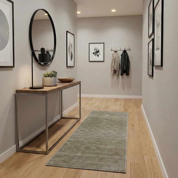 Hauteloom Kazuma Hallway, Kitchen Machine Washable Runner Rug - Square Piles, Checkered - Gray Green, Moss Green - 2'7" x 10'
