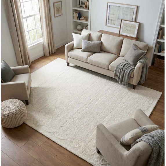 Hauteloom Kazuto Wool Living Room, Bedroom Area Rug - Contemporary - Cream, Ivory, Linen - 8' x 10'