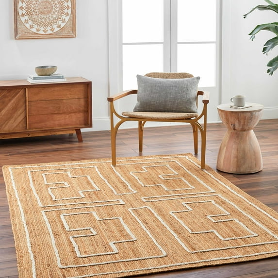 Hauteloom Kees Jute Living Room, Bedroom Area Rug - Contemporary - Straw, Off White, Dark Beige - 18" Sample