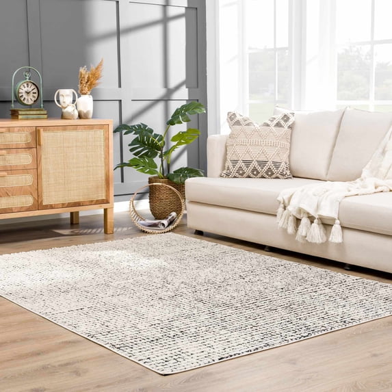 Hauteloom Keita Living Room, Bedroom Area Rug - Modern Boho - Farmhouse Mosaic Carpet - High Pile - Cream, Black - 5'3" x 7'