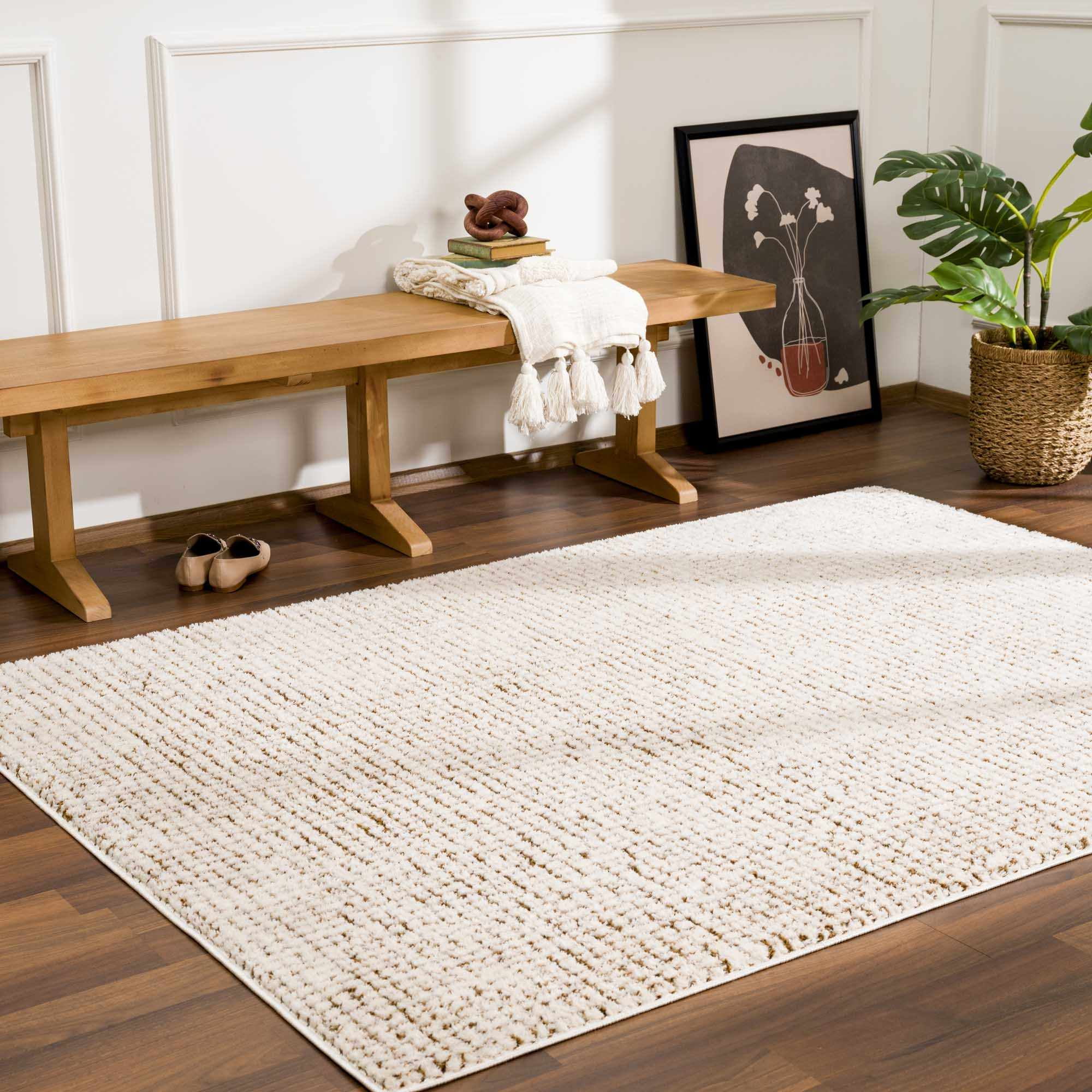 Keita Cream and Brown High Pile Polyester Rug, 5'3" x 7'