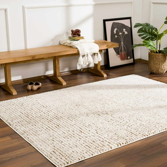 Hauteloom Keita Living Room, Bedroom Area Rug - Modern Boho - Farmhouse Mosaic Carpet - High Pile - Cream, Brown - 6'7" x 9'