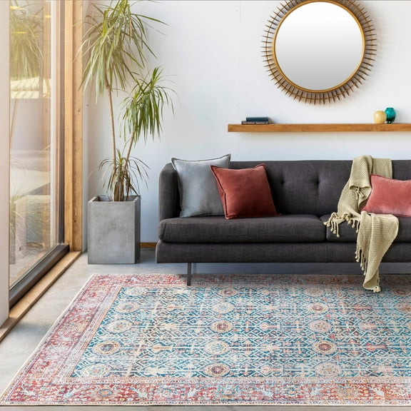 Hauteloom Kemer Machine Washable Area Rug for Living Room, Vintage Distressed Faded - Oriental Bohemian Floral Carpet - Pet Friendly - Red, Blue, Yellow, Colorful - 5'3" x 7'