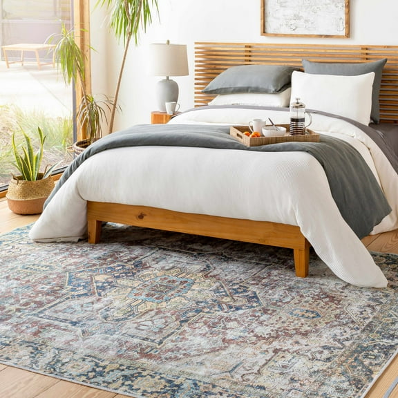 Hauteloom Kemer Machine Washable Area Rug for Living Room, Vintage Distressed Faded - Oriental Bohemian Medallion Carpet - Pet Friendly - Blue, Light Blue, Yellow, Brown - 5'3" x 7'