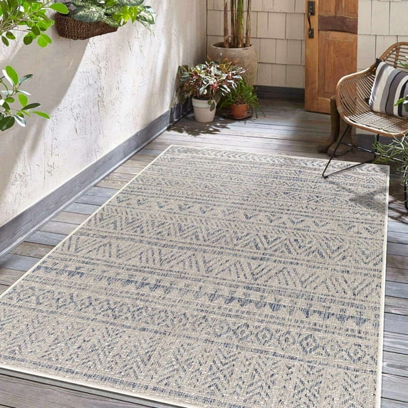 Hauteloom Khanjarah Living Room, Bedroom Patio Outdoor Area Rug - Global - Blue, Gray - 2' x 2'11"