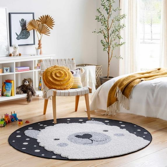 Hauteloom Kids Room, Nursery Round Area Rug - Outdoor Patio Safe - Animal Baby Elephant Playroom Carpet - Beige, Gray, Black, Cream - 5'3"