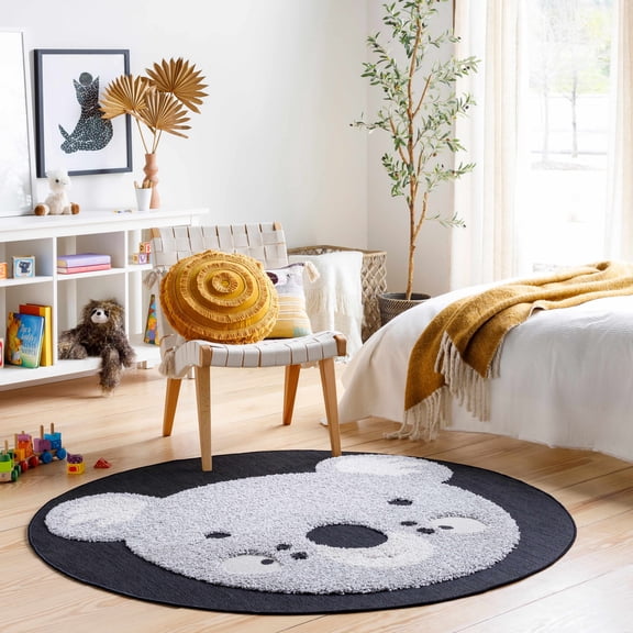 Hauteloom Kids Room, Nursery Round Area Rug - Outdoor Patio Safe - Animal Koala Playroom Carpet - Gray, Black, Cream - 5'3"