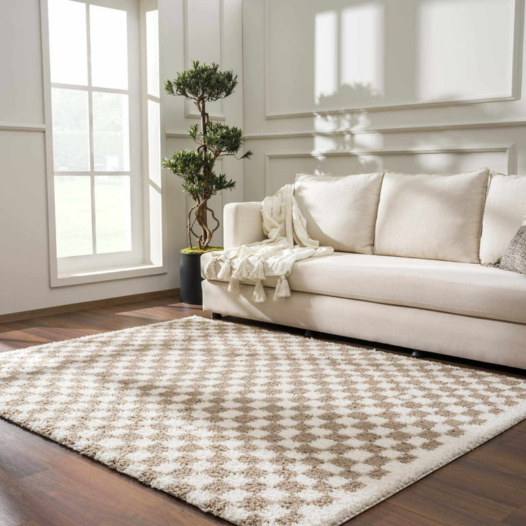 Hauteloom Kieu Grey Checkered Shag Area Rug - High Pile