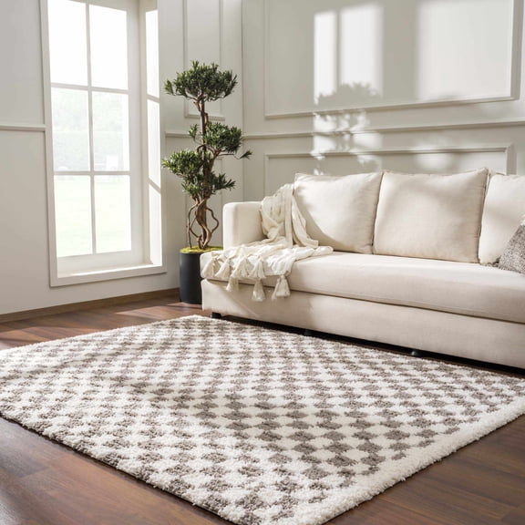 Hauteloom Pixel Area Rug - Checkered Checkerboard Geometric Square - Contemporary Modern Minimalist Farmhouse Transitional - Plush Pile - Light Gray, Taupe, Gray, Cream, Beige - 8'10" x 12'