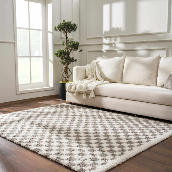 Hauteloom Kieu Contemporary Checkered Fluffy Shag Runner Rug - Modern Geometric Soft Carpet Tiles for Hallway, Kids Room, Nursery - Light Gray, Taupe, Gray - 2'7" x 7'3"