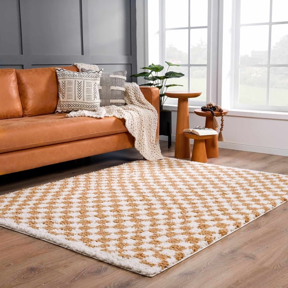 Hauteloom Kieu Contemporary Checkered Fluffy Shag Runner Rug - Modern Geometric Soft Carpet Tiles for Hallway, Kids Room, Nursery - White, Yellow - 2'7" x 7'3"