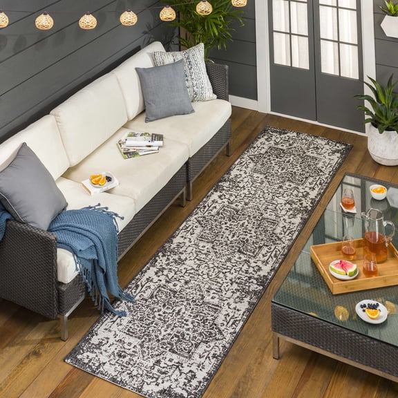 Hauteloom Kilmacolm Outdoor Runner Rug - Outside Porch Patio Rug Carpet - Waterproof Rug - Oriental Vintage Medallion - Black, Beige, Cream, Gray - 2'7" x 10'