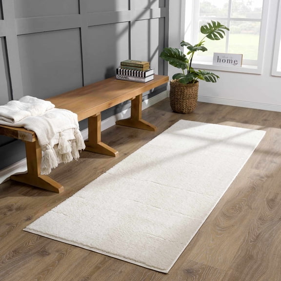 Hauteloom Bergerac Hallway, Kitchen Runner Rug - Checkered Square Geometric Tile - Contemporary Tone On Minimalist Modern - High Pile - Ivory, Off White, Cream, White, Neutral - 2'7" x 7'3"
