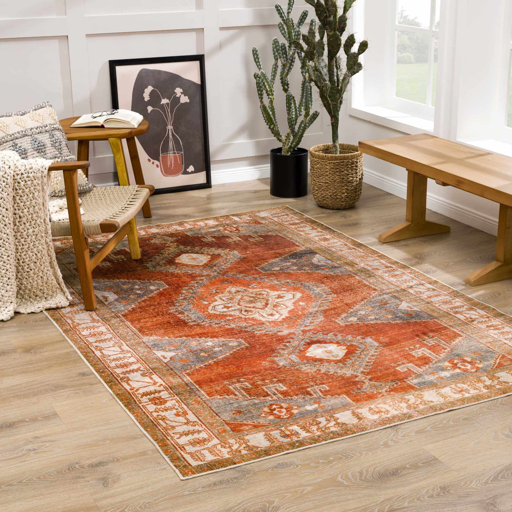 Kullar Burnt Orange and Blue Washable Polyester Area Rug 3'6" x 5'6"
