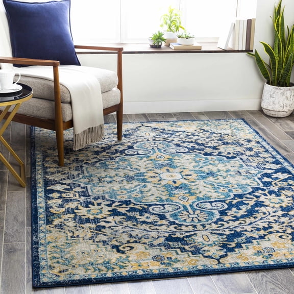 Hauteloom Kurnell Living Room, Bedroom Boho Chic Area Rug - Traditional Vintage Medallion Carpet - Blue, Navy, Yellow - 7'10" x 10'