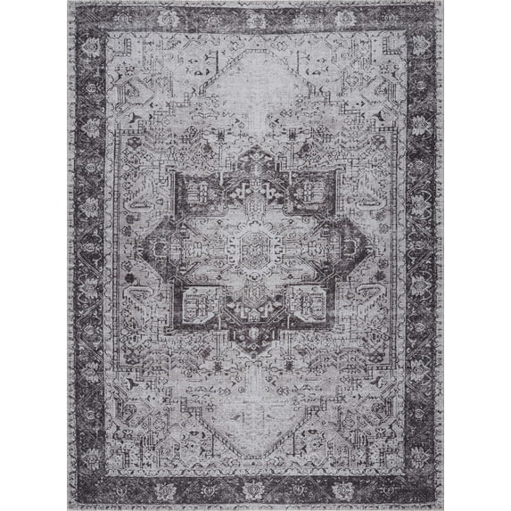 Hauteloom Kyan Machine Washable 2'x2'11" Door Mat, Small Area Rug - Persian Oriental Motif - Vintage Distressed Medallion Pattern - Pet & Child Friendly - Stain & Water Resistant - Gray, Blue, Purple