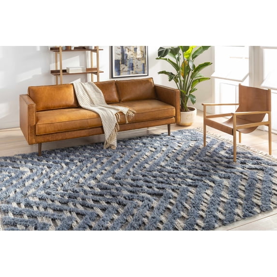 Hauteloom Sucur Wool Living Room, Bedroom Area Rug - Chevron Zig Zag - Bohemian Transitional Boho - High Pile - Blue, Beige, Gray - 2' x 3'
