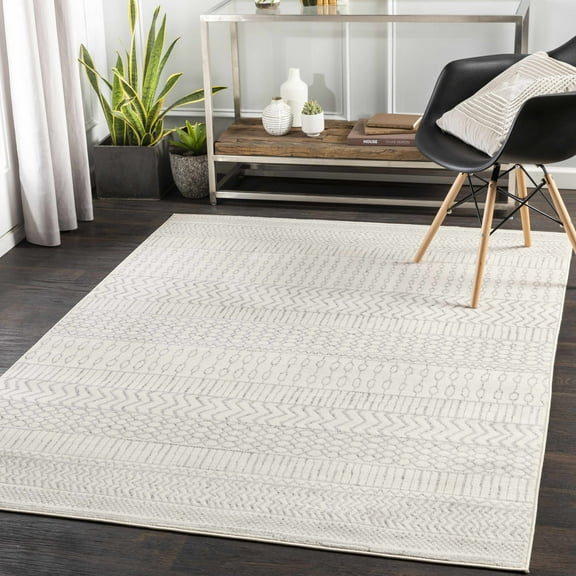 Hauteloom Lascassas Living Room, Bedroom Area Rug - Bohemian, Transitional - Medium Gray, Charcoal, Off White - 5' x 7'