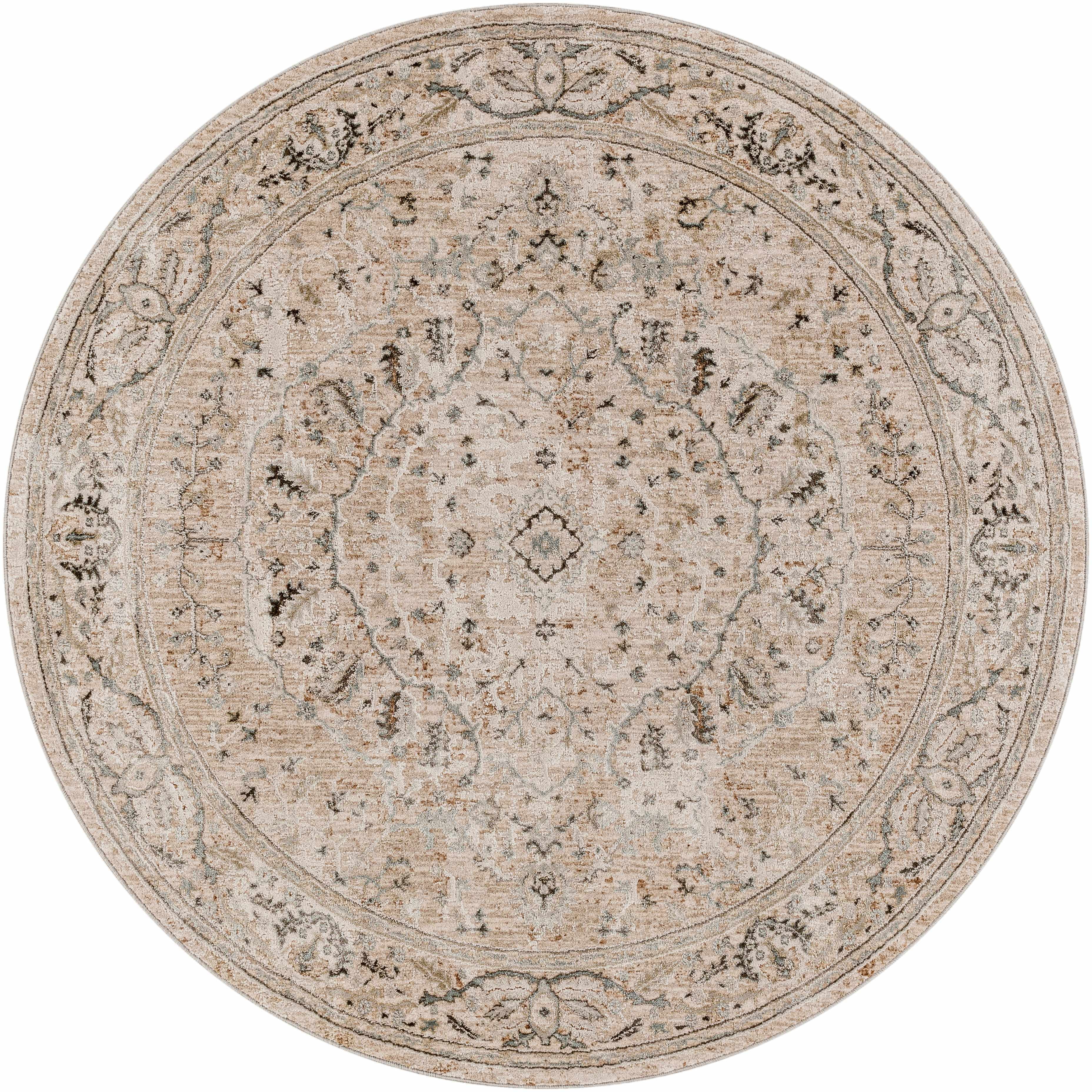 Hauteloom Laughlin Living Room, Bedroom Area Rug - Bohemian Traditional Oushak Style - Vintage Floral - Green, Cream, Blush - 5'3"-Round
