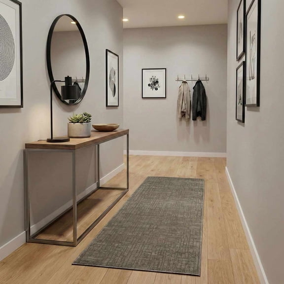 Hauteloom Leanna Hallway, Kitchen Machine Washable Runner Rug - Neutral Abstract Solid - Gray Green, Moss Green - 2'7" x 7'3"