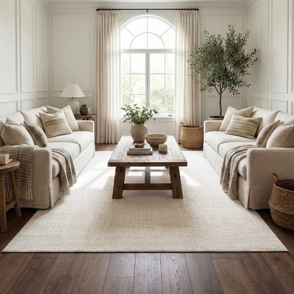 Hauteloom Leanna Living Room, Bedroom Machine Washable Area Rug - Neutral Abstract Solid - Cream, Off White, White - 6'7" x 9'