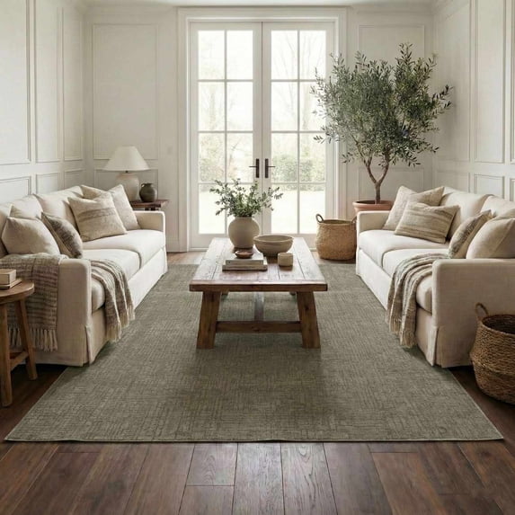 Hauteloom Leanna Living Room, Bedroom Machine Washable Area Rug - Neutral Abstract Solid - Gray Green, Moss Green - 5'3" x 7'