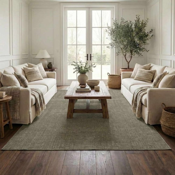 Hauteloom Leanna Living Room, Bedroom Machine Washable Area Rug - Neutral Abstract Solid - Gray Green, Moss Green - 6'7" x 9'