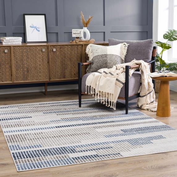 Hauteloom Leena Modern Striped Living Room Bedroom Area Rug - Geometric Farmhouse - Boho Vintage - Brown, Beige, Cream - 7'9" x 9'6"
