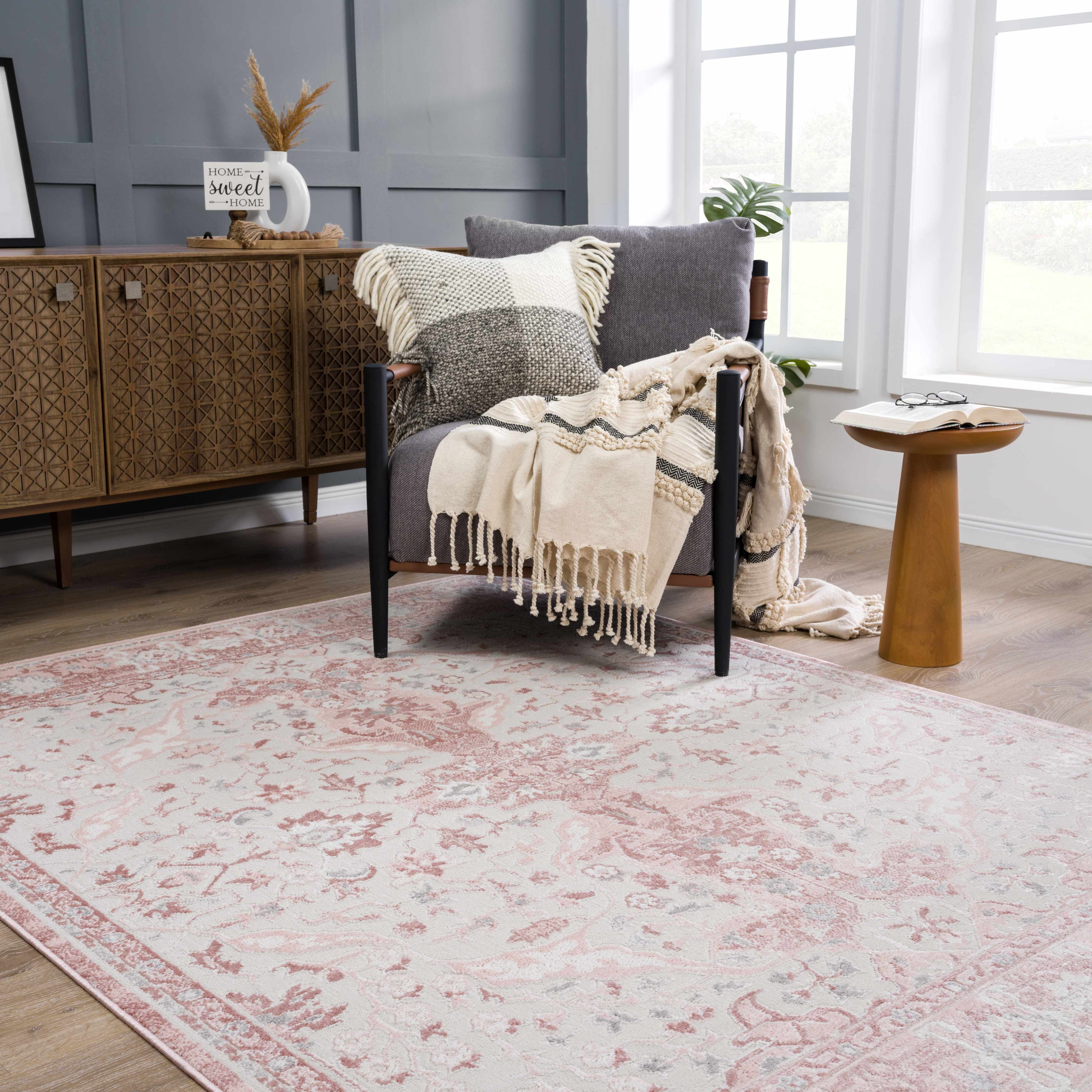 Hauteloom Leena Turkish Oriental Living Room Bedroom Area Rug - Traditional Medallion - Boho Vintage - Grey, Beige, Cream, Pink - 7'9" x 9'6"