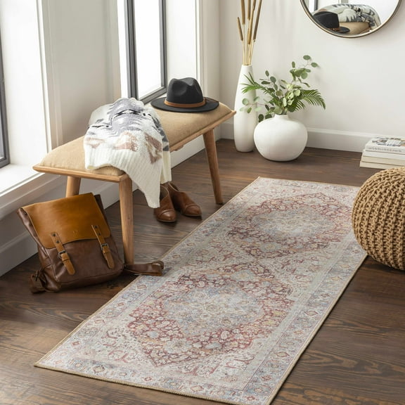 Hauteloom Leeston Hallway, Kitchen Machine Washable Runner Rug - Traditional - Brick Red, Cream, Lime Green - 2'7" x 7'3"