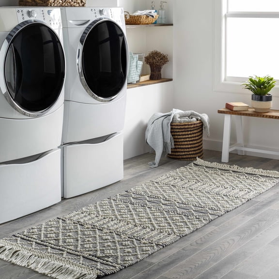 Hauteloom Leon Boho Moroccan Farmhouse Hallway Entryway Wool Runner Rug - Trellis Handmade Bohemian Long Carpet - Black, White - 2'6" x 8'
