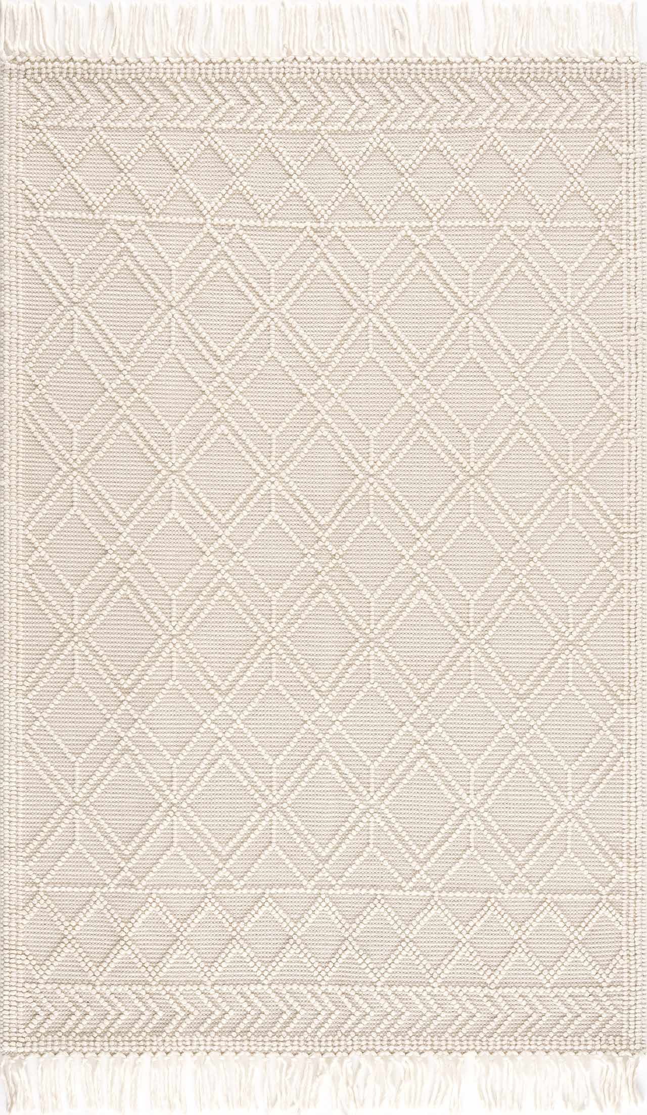 Ivory and Beige Handwoven Wool Cotton Trellis Rug, 3' x 5'