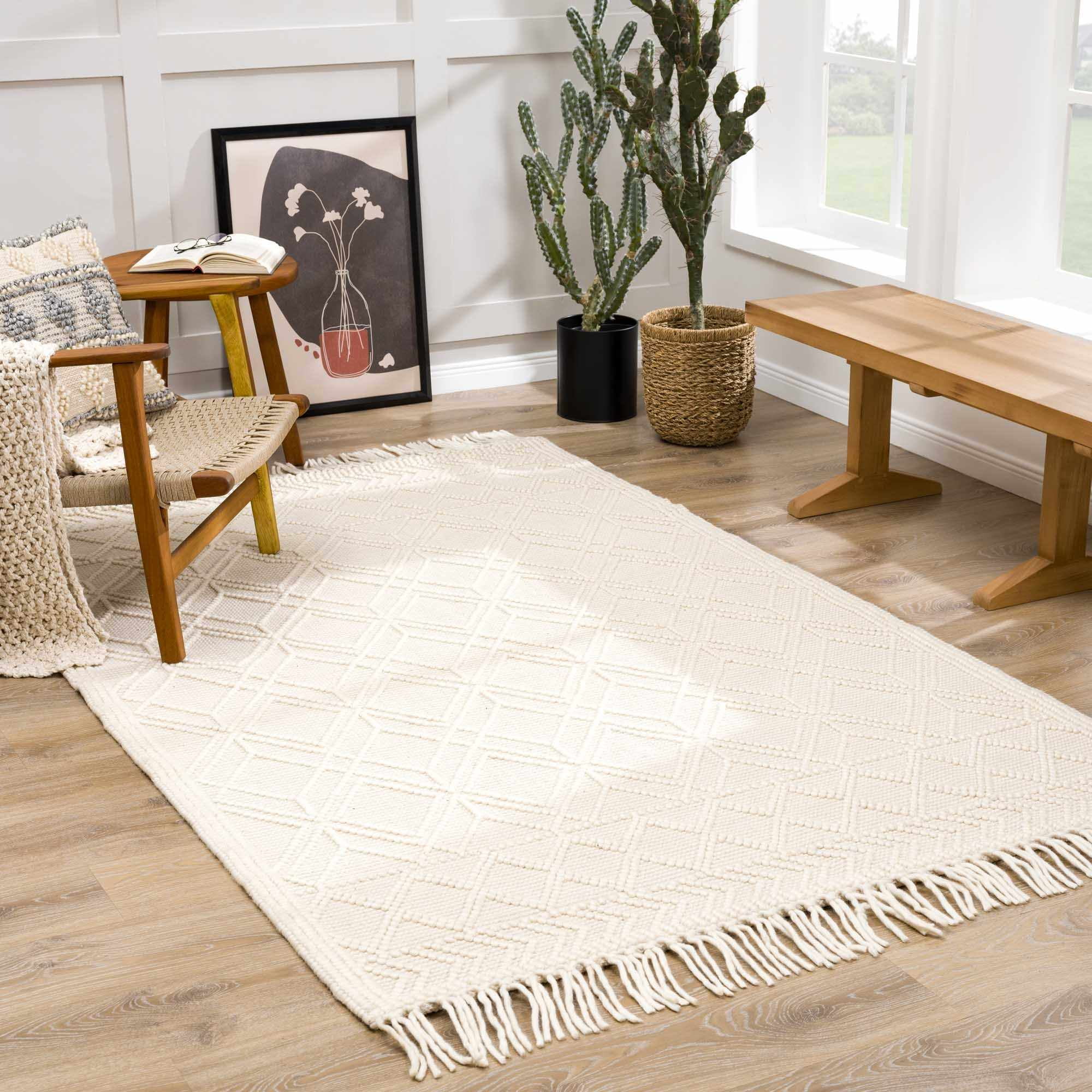 Ivory Wool and Cotton Handwoven Rectangular Area Rug