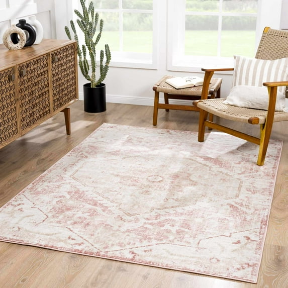 Hauteloom Leonora Oriental 7'10" Square Living Room Bedroom Boho Area Rug - Bohemian Farmhouse Indoor Carpet - Vintage Distressed Medallion Motif - Soft & Neutral - Pink, Cream, Beige