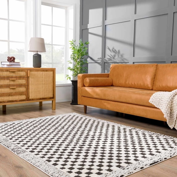 Hauteloom Leryn Contemporary Checkered Area Rug - Modern Geometric Bordered Carpet for Living Room, Bedroom, Dining Room - Checkboard Design - Square Tiles - High Pile - Black and White - 8'10" x 12'
