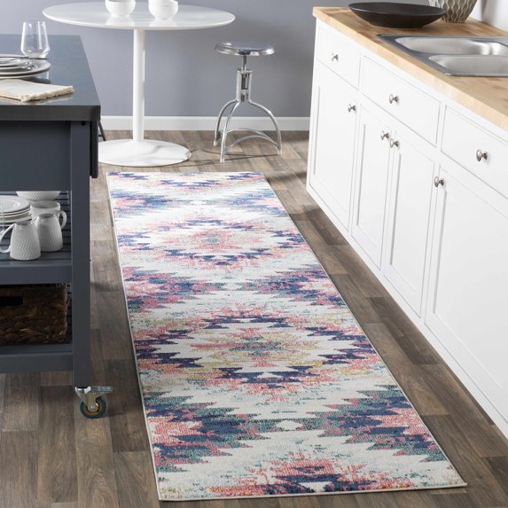 Hauteloom Halcyon Hallway, Kitchen Runner Rug - Geometric Diamond Medallion - Southwestern Tribal Aztec - Multicolor, White, Pink - 2'7" x 10'2"