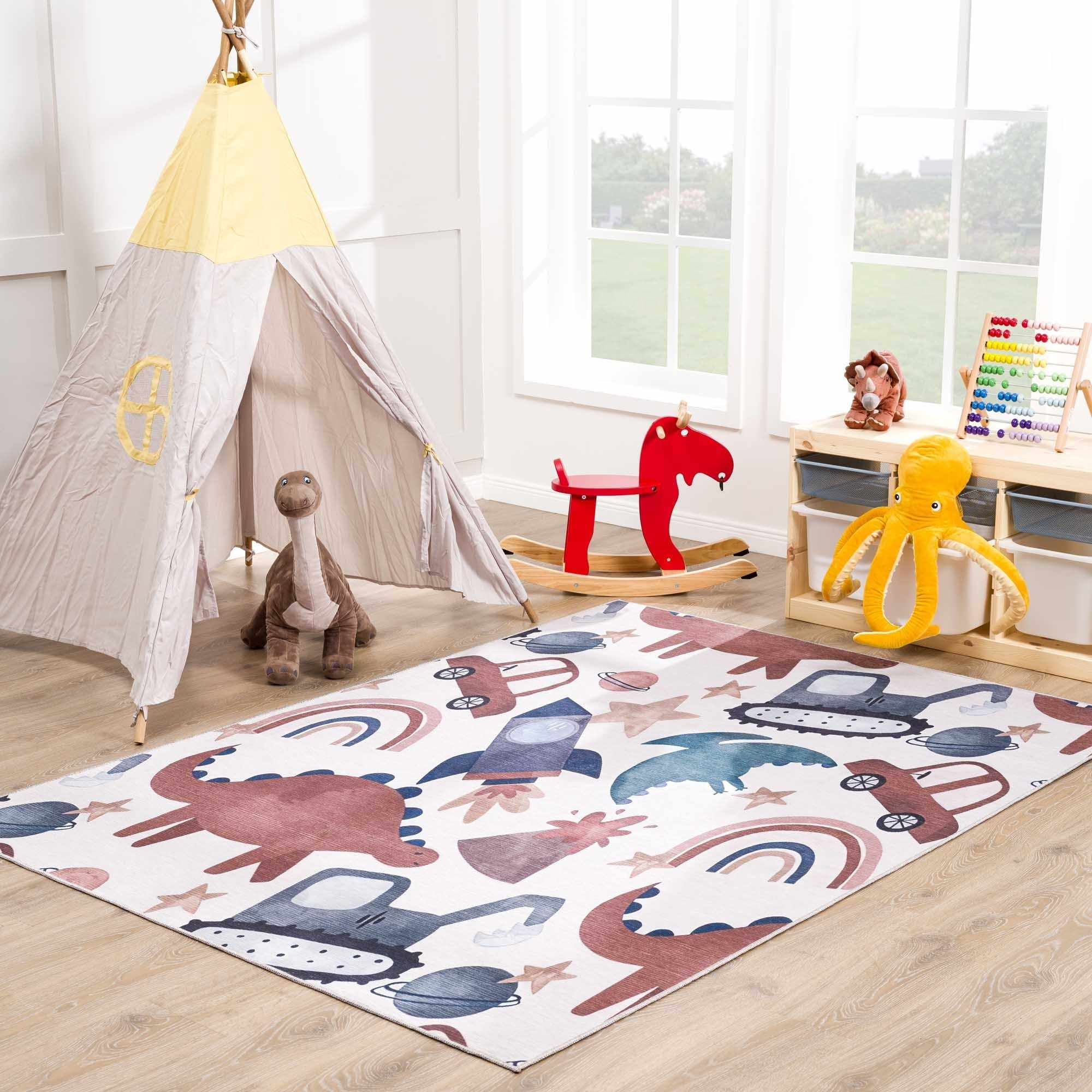 Hauteloom Libra Living Room, Bedroom Machine Washable Area Rug - Dinosaur, Car - Beige, Brown, Terracotta - 7'10" x 10'2"