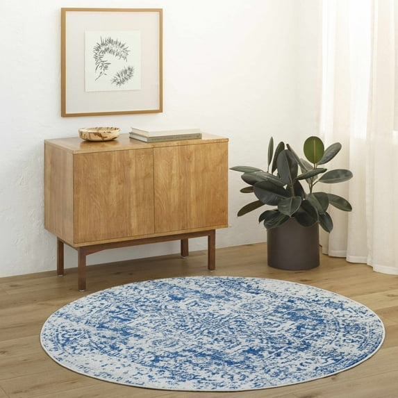 Hauteloom Limestone Living Room, Bedroom Area Rug - Traditional - Medium Gray, Navy, Beige - 5'3" Round