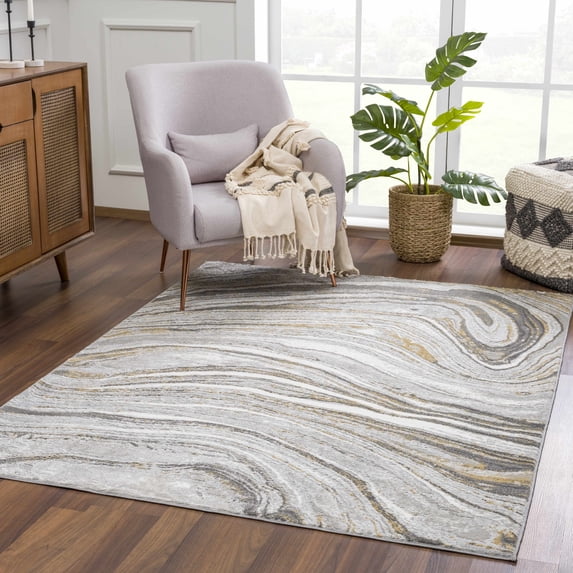 Hauteloom Liverpool Living Room, Bedroom Area Rug - Contemporary - Light Gray,Medium Gray,Off White - 8'10" x 12'