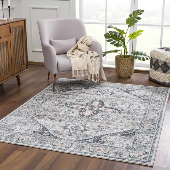 Hauteloom Liverpool Living Room, Bedroom Area Rug - Traditional - Charcoal, Medium Gray, Light Gray - 5'3" x 7'