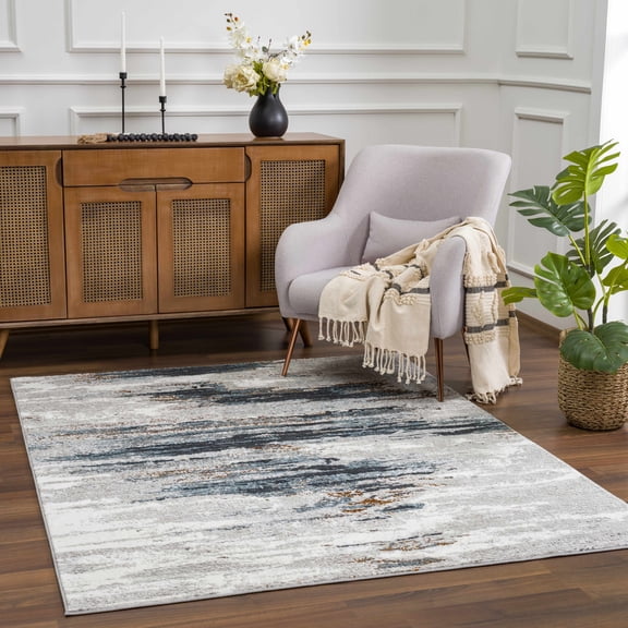Hauteloom Liverpool Modern Abstract Bedroom Living Room Area Rug - Boho Carpet - Contemporary Bohemian Farmhouse - Black, Blue, Light Grey, Dark Grey, Off White - 9'2" x 12'
