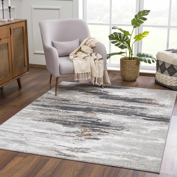 Hauteloom Liverpool Modern Abstract Bedroom Living Room Area Rug - Boho Carpet - Contemporary Bohemian Farmhouse - Black, Light Grey, Dark Grey, Off White - 6'7" x 9'