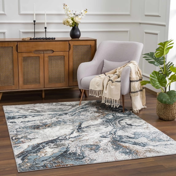 Hauteloom Liverpool Modern Abstract Bedroom Living Room Area Rug - Boho Carpet - Contemporary Bohemian Farmhouse - Blue, Light Grey, Dark Grey - 6'7" x 9'