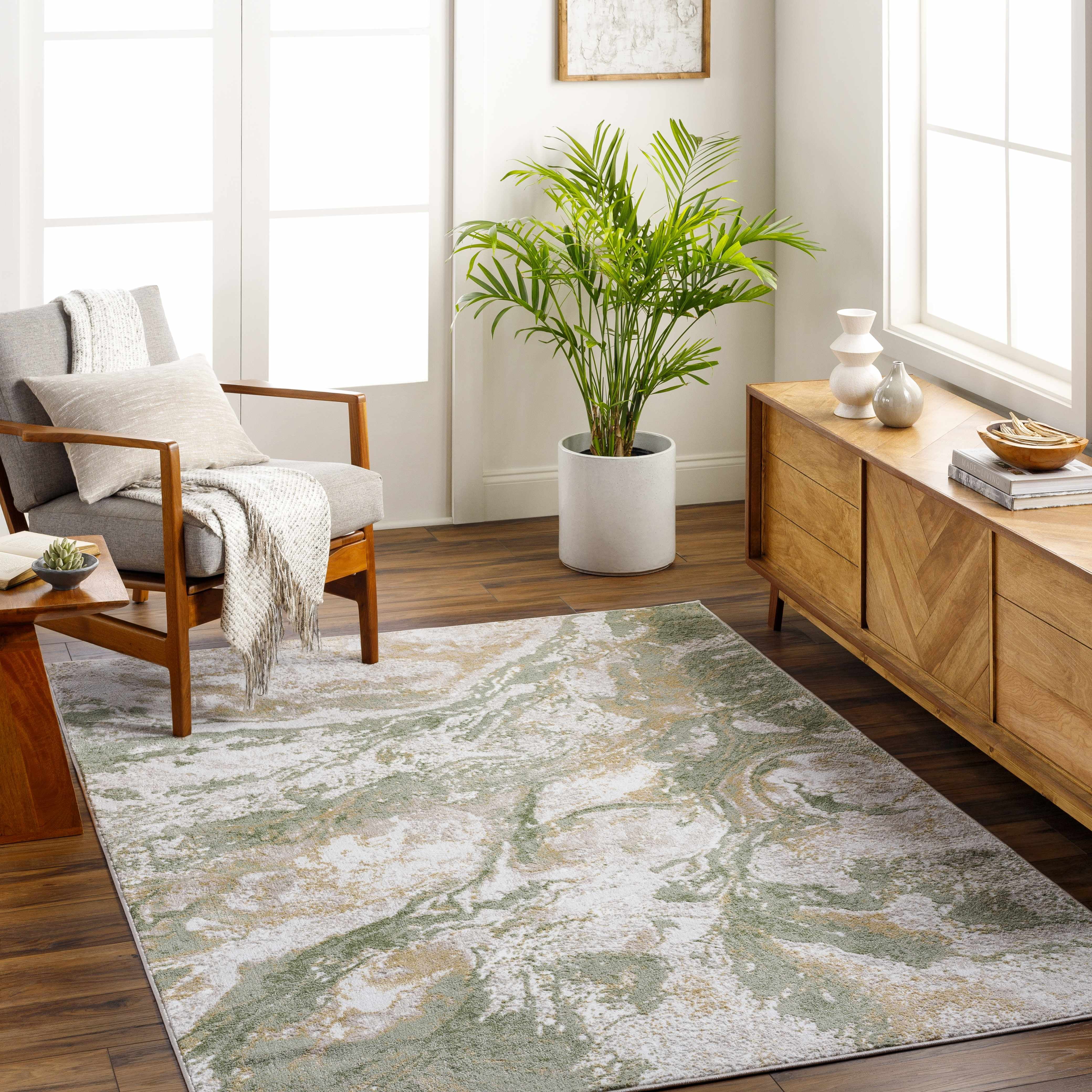 Green and Cream Abstract Polypropylene Area Rug 6'7" x 9'