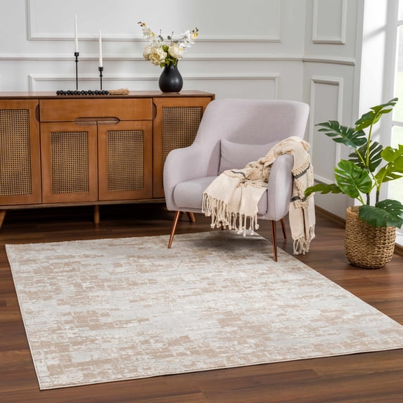 Hauteloom Liverpool Modern Abstract Bedroom Living Room Area Rug - Square Tile Carpet - Contemporary Bohemian Farmhouse - Brown, Beige, Cream, Ivory - 6'7" x 9'