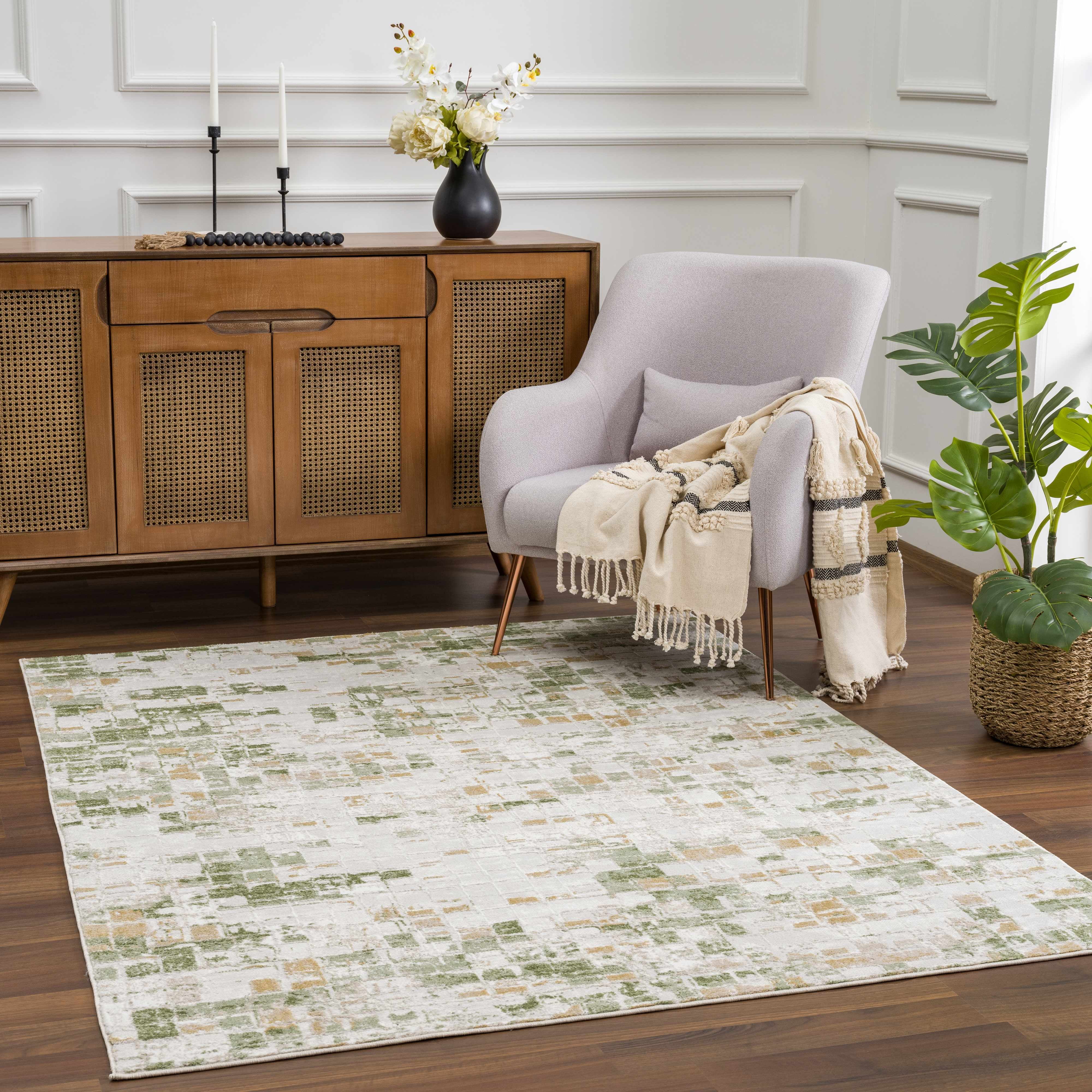 Hauteloom Liverpool Modern Abstract Bedroom Living Room Area Rug - Square Tile Carpet - Contemporary Bohemian Farmhouse - Green, Brown, Cream, Beige, Ivory - 7'10" x 10'