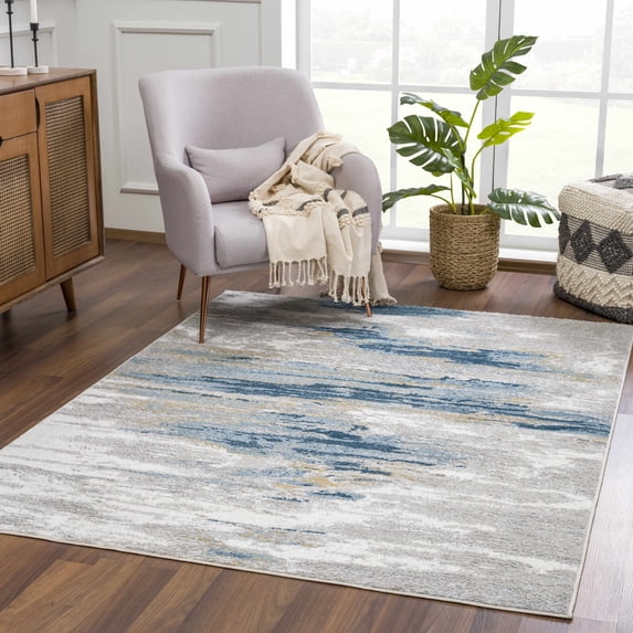 Hauteloom Liverpool Modern Abstract Bedroom Living Room Small Area Rug - Boho Carpet - Contemporary Bohemian Farmhouse - Grey, Off White, Blue, Yellow - 2' x 3'