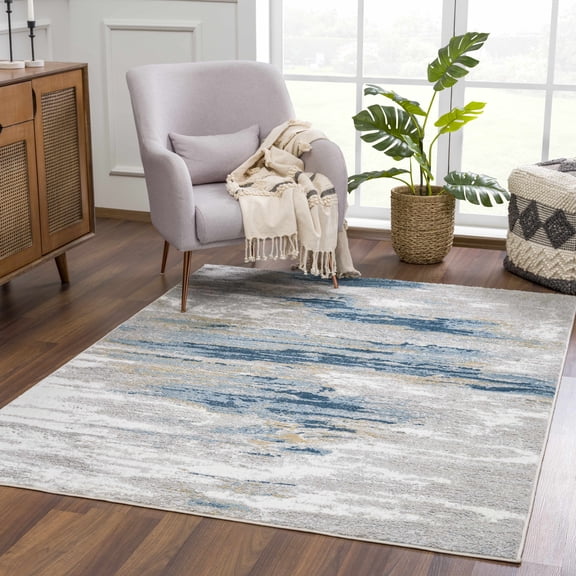 Hauteloom Liverpool Modern Abstract Bedroom Living Room Small Area Rug - Boho Carpet - Contemporary Bohemian Farmhouse - Grey, Off White, Blue, Yellow - 2' x 3'